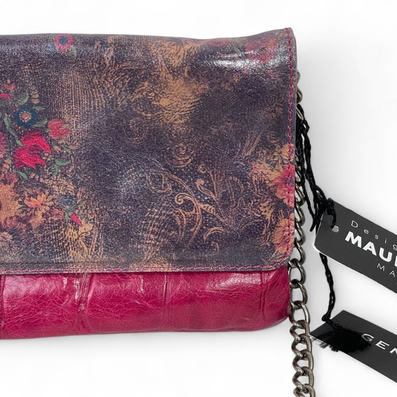 Italian Leather Floral Clutch Dark Pink‎ Evening Bag - Picture 4 of 16